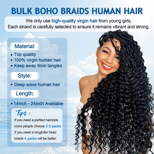 BIZVUS Human Braiding Hair for Boho Braids 110g Curly Boho Hair for Braiding Knotless 12A Wet and Wavy Bulk Bohemian 3 Bundles/Pack Deep Wave 100% Human Hair Extensions Natural Color 18inch