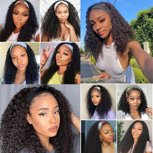 Semicaop Curly Headband Wigs 16 Inch 100% for Black Women Human Hair Glueless Wear and Go Human Hair Headband Wigs Curly 180% Density Natural Black