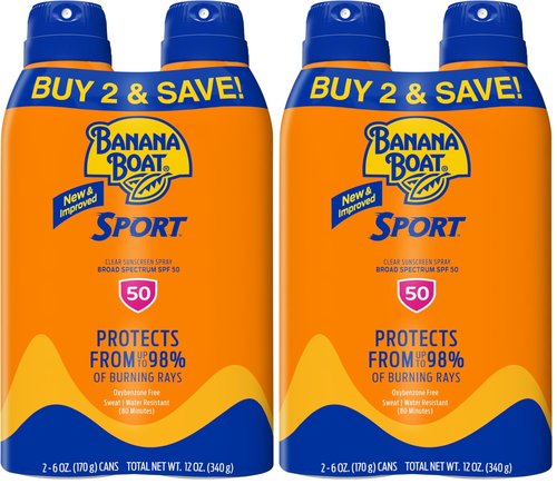 Banana Boat Sport Ultra SPF 50 Sunscreen Spray Twin Pack | Banana Boat Sunscreen Spray SPF 50, Spray On Sunscreen, Water Resistant Sunscreen, Oxybenzone Free Sunscreen Pack, 6oz each (Pack of 2)