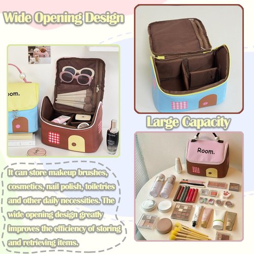 【Dopamine Style House-Shaped Cosmetic Bag】Cute Large Capacity Travel Waterproof Makeup Zipper Organizer/Toiletry Bag for Women/Portable Essentials Case for Teen Girls/Storage Brush & Nail Polish