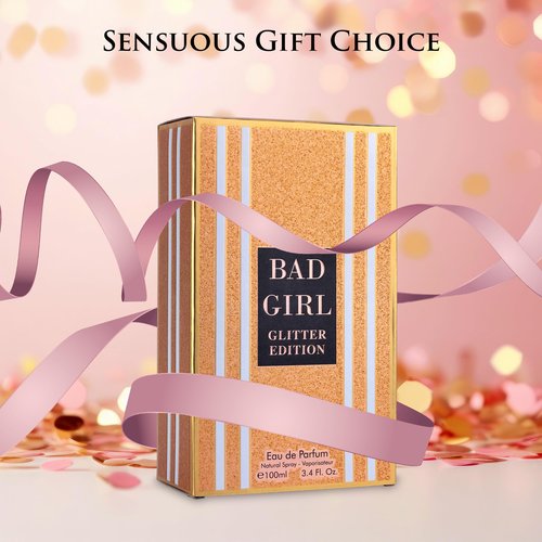 Bad Girl Glitter Edition - Oriental Floral Fragrance For Women - Top Notes of Almond, Coffee, Bergamot & Lemon - Base Scent of Tonka Bean, Cacao, Vanilla, Cashmere & Cinnamon - Elegant 100ml Bottle