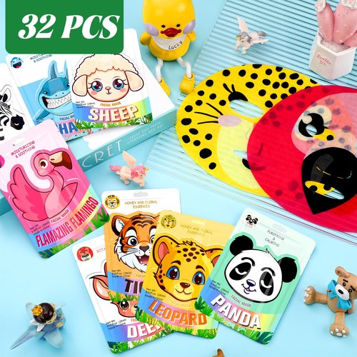 Dansib 32 Pcs Animal Face Masks Bulk Spa Sheet Skincare Facial Mask Funny Face Skin Care for Women Girls Sleepover Slumber Party