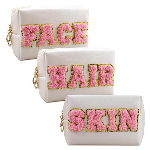 Lorigun Chenille Letter Patch Makeup Bag, Preppy Cosmetic Bag PU Leather Skincare Bag with Zipper, Toiletry Bag Waterproof Travel Organizer Bag for Women Face Hair Skin Makeup Bag 3 Pcs