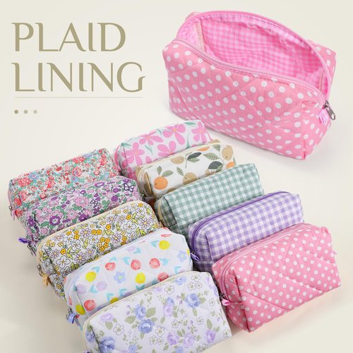 Paterr 10 Pcs Cotton Quilted Makeup Bag Bulk Cute Cosmetic Bag for Women Floral Gingham Coquette Aesthetic Travel Toiletry Pouch Bags Bridesmaid Gifts(Gingham Floral,7.87 x 4.72 x 3.15 Inches)