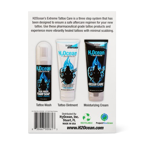 H2Ocean Extreme Tattoo Care Kit for Hard to Heal Tattoos - Tattoo Soap, Ointment & Cream for Tattoo Aftercare - 1.7 oz Blue Green Foam Soap, 74 g Ocean Care Moisturizer & 1.75 oz Aquatat Ointment