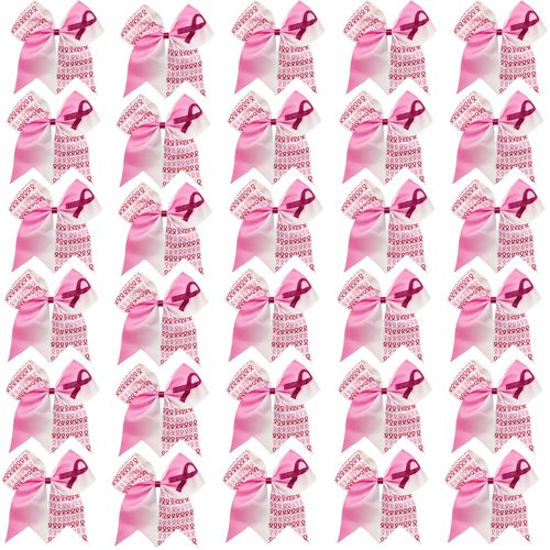 30pcs Breast Cancer Awareness Cheer Bows,7 Inches Pink Cheer Bows For Girls Women In October Cheerleading Hair Elastic Bands (Pink White)