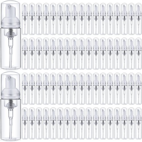 70 Pcs 2 oz Plastic Foam Soap Dispensers Refillable Lash Shampoo Bottles with Pump Mini Eyelash Cleaning Foam Bottle Dispenser for Refillable Travel Cosmetics (Transparent)