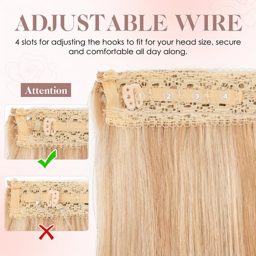 S-noilite Halo Hair Extension Invisible Wire in Real Remy Human Hair Extensions with Clips Adjustable Hidden Wire in Hair Extension for Women 14 inch Ash Brown Highlighted Blonde