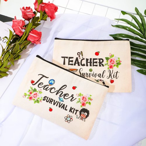 Frienda 36 Pieces Teacher Appreciation Present Set, 18 Survival Kit Makeup Pouch Bag Pencil Bag, 18 Teacher Blessing Card Bracelet, Cosmetic Bag Kit for Teacher's Day, Elegant Style, 9.1 x 5.9 Inch
