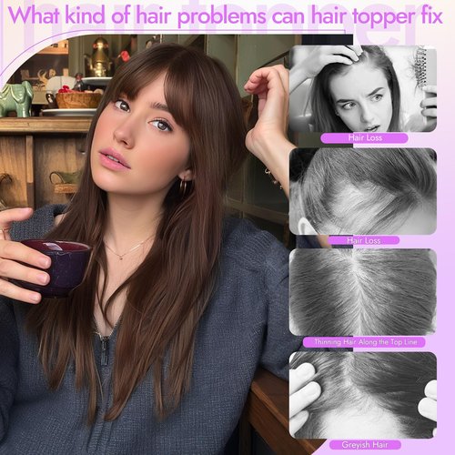 Eawwii Hair Topper for Women Clip in Bangs – 18 Inch Medium Length Straight 360° Full Coverage Dark Brown,Synthetic Natural Looking Piece for Thinning Hair