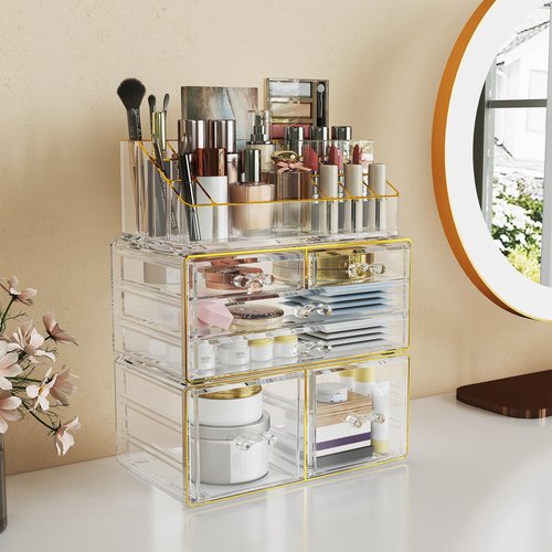 Delamu 3PCS Stackable Makeup Organizer, Cosmetic Organizer with 6 Drawers for Bathroom/Bedroom, Vanity Organizer for Lipstick Brush, Skincare, Perfume, Clear