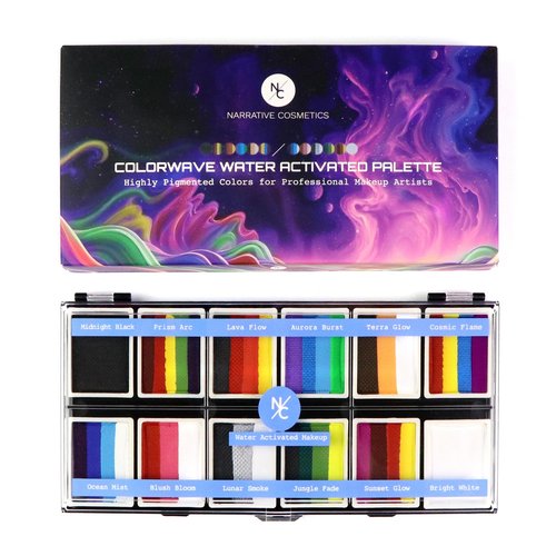 Narrative Cosmetics Colorwave 12-Color Palette - Water-Activated Makeup for Face & Body - Ideal for SFX, Parties, Cosplay, and Theater