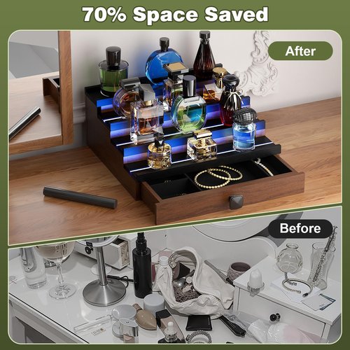 TIRYIUOU Perfume Cologne Organizer for Men: with LED Light 4 Tier Wooden Perfumes Stand, Desktop Parfum Holder Wood Display Shelf with Cabinet, Bedroom Makeup Lotion Jewelry Storage Rack with Drawer