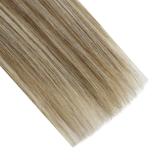 Ugeat Sew in Hair Extensions Balayage Chocolate Brown Invisible Weft Hair Extensions Human Hair Ombre Medium Brown Mix Light Blonde Double Weft Short Straight Remy Hair 14 Inch 80G
