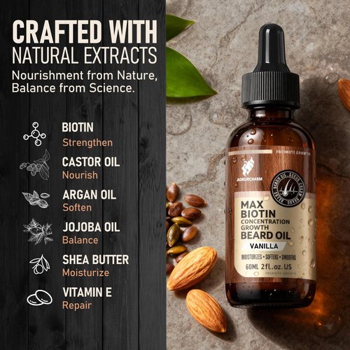 aokur Biotin Beard Growth Oil for Men - Vitamin B5 & Castor Oil Formula, Promote Thicker Fuller Beard, Daily Care, Styling & Taming, Hydrating, Lightweight Non-Greasy, Vanilla 2oz Gift for Him