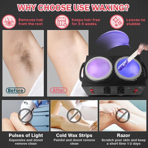 Wax Warmer for Hair Removal, Professional Waxing Heater Pot with Adjustable Temperature for Women Men, with 20 Wooden Wax Sticks (Black-Double Pots)