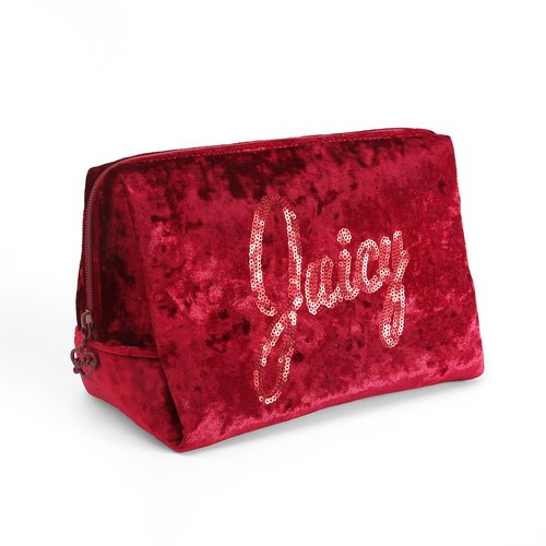 Juicy Couture Red Makeup Bag Cosmetics Organizer Travel Essentials Zip Top Wedge Crushed Velvet Sequin Logo
