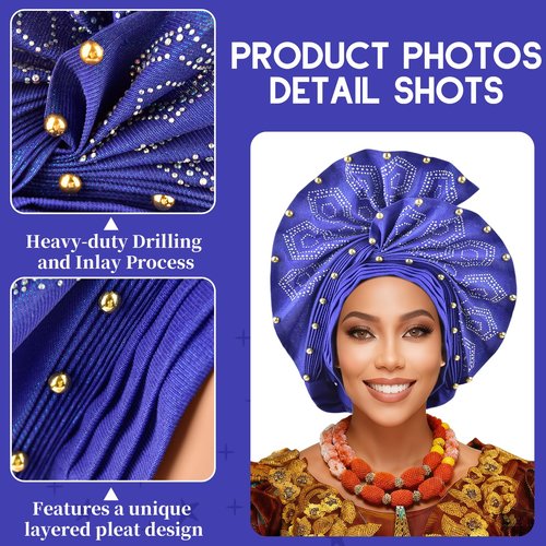 Nigerian headwear African headscarf,Auto Gele headband,hand wrap beaded - made for weddings parties events (Royal Blue)