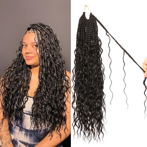 Goddess Box Braids Crochet hair -18 Inch 9 Packs Water Wave Boho Crochet Braids for Black Women (1B#, 18 Inch (Pack of 9))