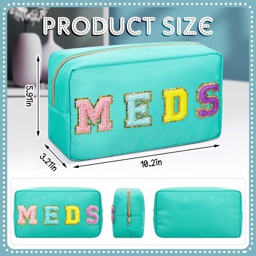 Geetery Chenille Letter Bag Nylon Makeup Bag Portable Bag Makeup Cases Preppy Patch Makeup Bag with Zipper Cosmetic Toiletry Storage Bag for Women(Green,Hidden MEDS)
