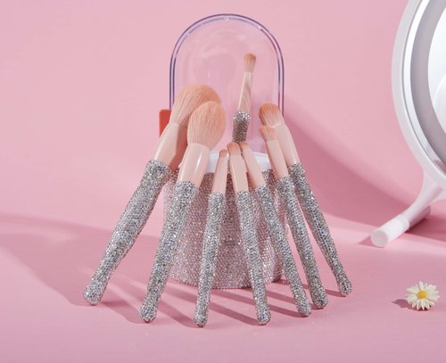 COSHINE Blingbling Luxurious Professional Makeup Brush Set, 8 pcs Full Complete Function Cosmetic Brushes with Shiny Diamond Holder