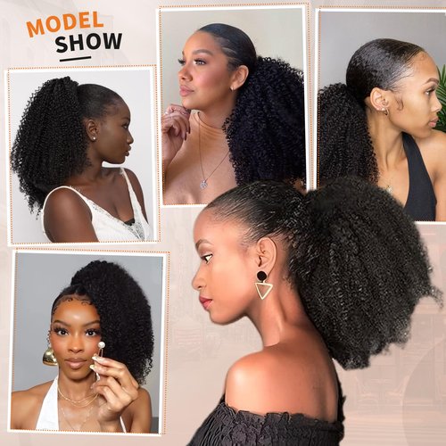 Afro Kinky Curly Ponytail Human Hair 150% Density Brazilian Virgin Hair 4C Afro Puff Drawstring Ponytail Extension for Black Women Dark Brown Color （12 Inch 4#）