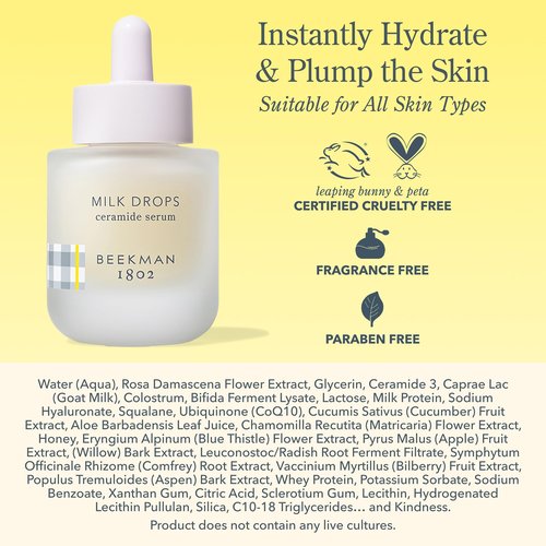 Beekman 1802 Milk Drops Ceramide Facial Serum - Squalane Oil, Hyaluronic Acid & Goat Milk Face Moisturizer - Boosts Skin Radiance & Hydrates Deeply - Fragrance Free, Cruelty Free