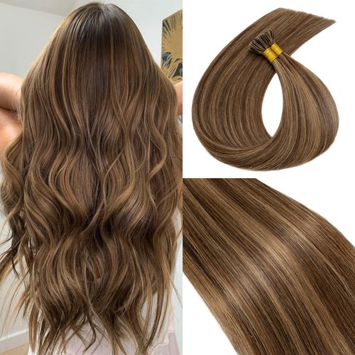Rich Choices I Tip Hair Extensions Human Hair,100 Strands 0.5g/Strands,100% Real Remy Human Hair Extension Pre Bonded Keratin Stick In 16 Inch #4P27 Medium Brown Highlight Dark Blonde