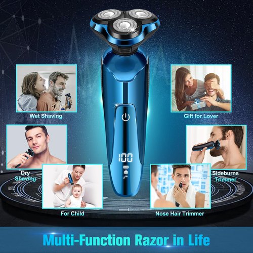 Electric Razor for Men, Cordless 3D Rotary Head Shavers for Men Face, Wet/Dry Waterproof, LED Display, Ideal Gift for Husband/Dad/Boyfriend (Blue)