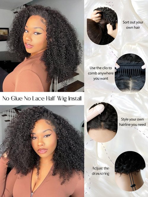 NOSTALGIA Afro Kinky Curly Half Wigs For Black Women 3 In 1 Half Wig Synthetic With Drawstring Afro Curly Glueless Flip Over Wigs Quick Install Beginner Friendly(Naturak Black 2#)