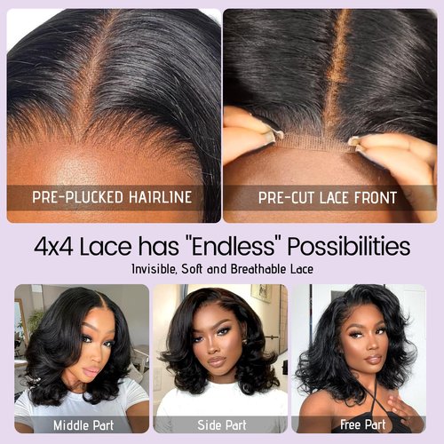 UVVUVV Glueless Wigs Human Hair Pre Plucked Pre Cut 4x4 Body Wave Bob Wig Human Hair Wear and Go Glueless Wigs Pre Plucked Pre Cut Natural Hairline 180% Density Natural Color (12 Inch)