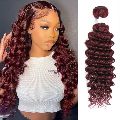 REMY HAIR Human Hair Bundles Red Deep Wave Bundles Colored #99j Burgundy Deep Weave One Bundle 14 Inch Brazilian Virgin Human Hair Extensions for Black Women