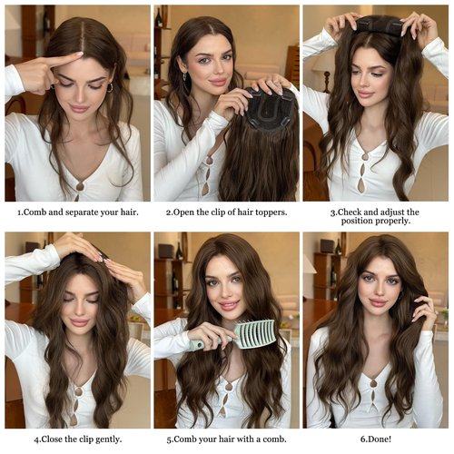 XIXISNOW Hair Topper 24 Inch Long Wavy Toppers Hair Pieces for Women Thinning Hairs Lace Hand-Tied Hairline Synthetic Heat Resistant Clip in Hairpieces 6"x6"Large Base for Daily Use Dark Brown