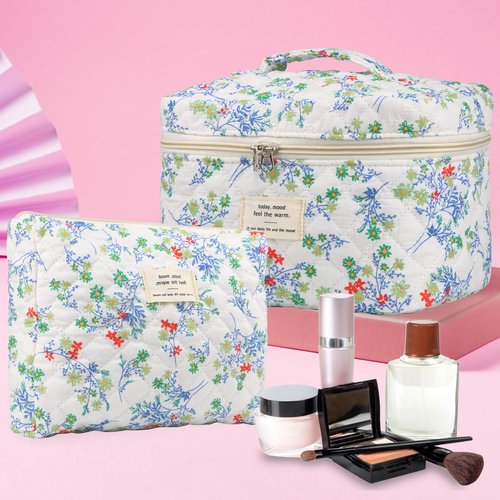 NATINSA Cute Makeup Bag for Women(2 Pcs), Travel Cosmetic Bags, Quilted Coquette Aesthetic Floral Toiletry Organizer Bag (Red & Green)