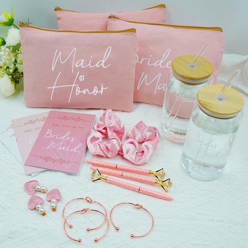 KIKINIKO Bridesmaid Gifts Set of 6 Pink, Total 42 pcs, Bridesmaid Proposal Gifts Contain 16oz Glass Cups Cosmetic Makeup Bags Invited Cards Scrunchies Hair Knotted Bracelets Diamond Pens love clip