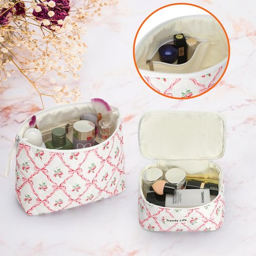 HAOGUAGUA 2 Pieces Makeup Bag, Small Large Quilted Cosmetic Bag, Travel Floral Make Up Toiletry Organizer Bag for Women Girls (2PCS STYLE B-1)