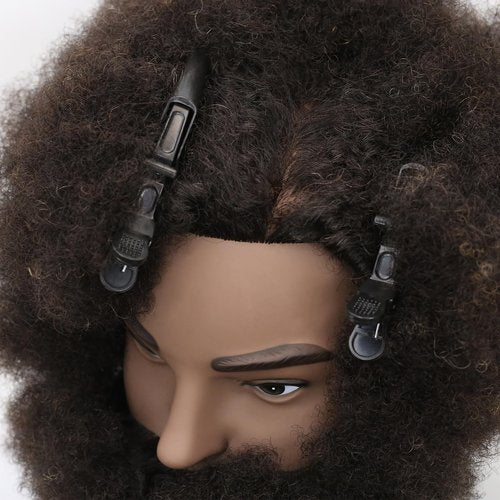 Sirydtm Afro Kinky Curly Human Hair Mannequin Head with Beard - 100% Real Hair for Braiding Practice, Cornrow, Styling, Cutting & Coloring - Professional Cosmetology Training Head for Salon & Student