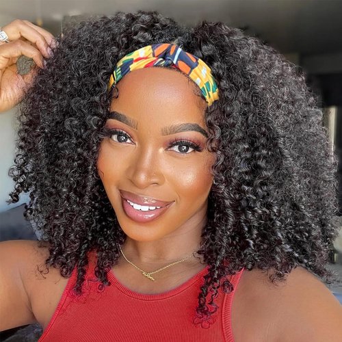 XSY Curly Headband Wig Human Hair 14 Inch Kinky Curly Headband Wigs for Black Women None Lace Front Wig 150% Density Natural Black Color