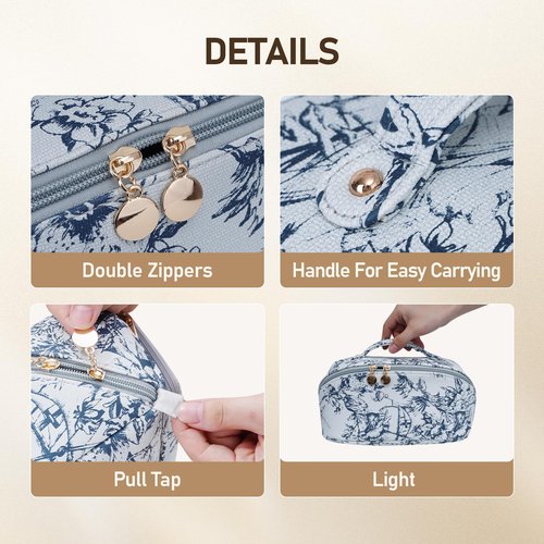 ETTP Large Capacity Cosmetic Bag for Women, Waterproof PU Leather Makeup Bag for Travel,Toiletry Bag Make up Organizer with Divider and Handle (Blue)