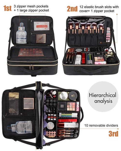 Relavel Makeup Case Large Makeup Bag Professional Train Case 16.5 inches Travel Cosmetic Organizer Brush Holder Waterproof Makeup Artist Storage Box, 3 Layer Large Capacity, with Adjustable Strap