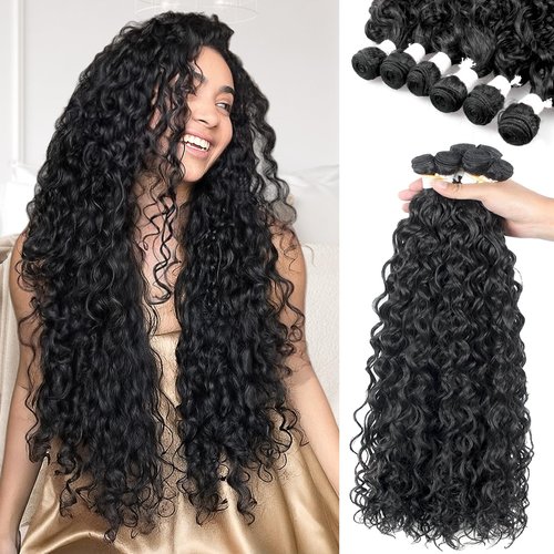 UENOKIPS Water Wave Hair Bundles 100% Pure Protein Silk Curly Bundles 16 18 20 Inch 6 Bundles 290g Soft Natural Look Human Hair Feel Wet and Wavy Hair Extensions Natural Black