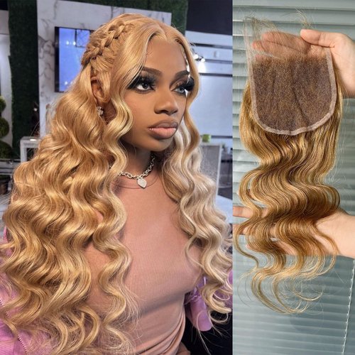 DSEKCAIN 27# Honey Blonde 5x5 Body Wave Lace Closure 100% Real Human Hair 12 Inch Transparent hd 5x5 Lace Closure Can Be Dyed and Restyled 150% Density