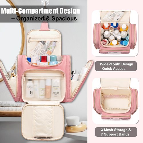 Romenrita Travel Toiletry Bag for Women, Hanging Toiletry Bag, Bathroom Bag Portable Shower Caddy for College Dorm Travel Shower Bag for Women Water-Resistant Cosmetic Makeup Bag (Pink)