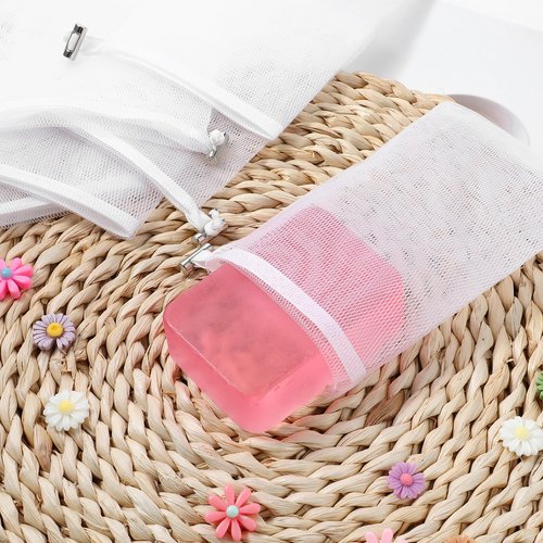 6 PCS Exfoliating Mesh Soap Pouch Soft Soap Bag with Drawstring for Shower Double Layer Thicken Foam Net Bubble Foam Net Soap Sack Saver Pouch, White