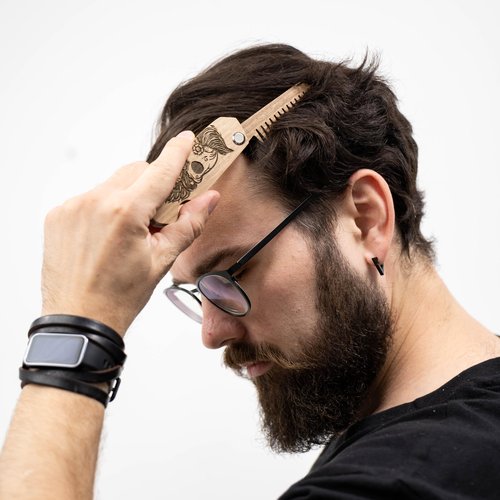 Enjoy The Wood Beard Comb for Men, Folding Pocket Beard Accessories for Men, Engraved Walnut Wooden Comb for Moustache, Beard & Hair For Him (Half Skull)
