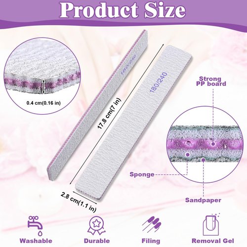 Xinnun 150 Pcs Nail Files 180/240 Grit Double Sides Professional Reusable Emery Board Nail Files for Acrylic Nails Manicure Tools Suit for Home Salon