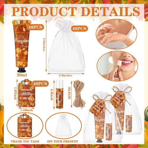Swiffen 48 Sets 192 Pcs Fall Thanksgiving Baby Shower Gifts Bulk Thanksgiving Little Pumpkin Hand Cream and Lip Balm Baby Shower Party Favors Travel Size for Guests Wedding Party Supplies