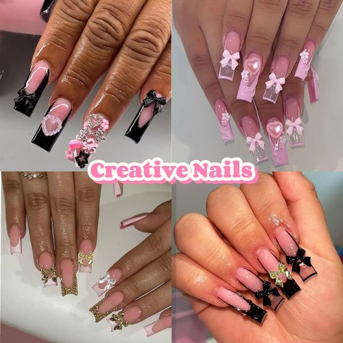 Gold Bow Nail Charms Kit, Cute Pink Flowers Bows 3D Nail Charms for Nails Decoration, White Flatback Pearls Heart Nail Art Jewels for Women Manicure DIY Crafts Accessories