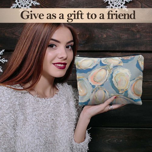 Likjad Oyster Shell Beach Makeup Bag, Coastal Beachy Cosmetic Bags for Women, Sea Oyster Ocean Makeup Pouch, Ocean Themed Gifts, Blue Pastel Beach Zipper Pouch