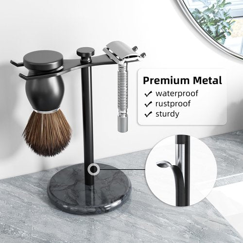 pickpiff Safety Razor Stand with Brush Holder, Marble Base with Black Metal Holder Heavy Duty, Extra Wide Openings, Fits Most Brushes and All Kinds Of Razors
